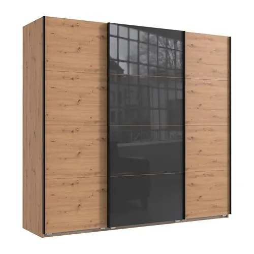 Geräumiger Schwebetürenschrank Kleiderschrank 3-türig B225/H208/T64 cm in Eichendekor, mittlere Tür mit Glasfront in Grau, inkl. einer Kleiderstange, 4 Einlegeböden und 2 Stoffboxen / 22524