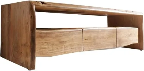 DELIFE Fernsehtisch Live-Edge Akazie Natur 145 cm - TV-Halterung aus edlem Akazienholz, bietet stilvollen Stauraum mit einzigartiger Baumkante und robusten Metallfüßen für ein außergewöhnliches Wohnambiente.