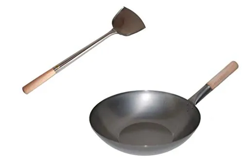 AAF Nommel ®, Wok Set, Pfanne 30 cm Ø flacher Boden Carbon Stahl + Wok Spahtel Edelstahl 43 cm lang mit Holzgriff. Für Gasherd, Elektro, Ceran und Induktion
