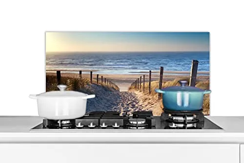 MuchoWow Spritzschutz Küche Küchenrückwand Alu Poster Bilder 90x45 cm Sand - Strand - Düne - Meer - Sommer