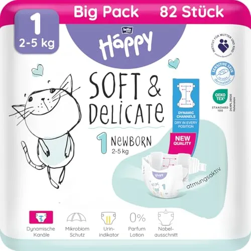 bella baby Happy Premium Windeln Größe 1 Newborn 2-5kg 82 Stück, DERMATEST & OEKO TEX Siegel, Einweg Babywindeln für Neugeborene
