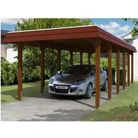 Einzelcarport SKAN HOLZ Spreewald mit roter Blende - Robuster Flachdach-Carport aus hochwertigem Holz, inkl. Pfostenanker für einfache Montage – ideal für Ihren Garten.