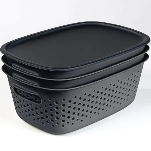 KONZEPT 3er Aufbewahrungsbox mit Deckel klein 3,5 l, Aufbewahrungskorb aus Kunststoff, Farbe schwarz