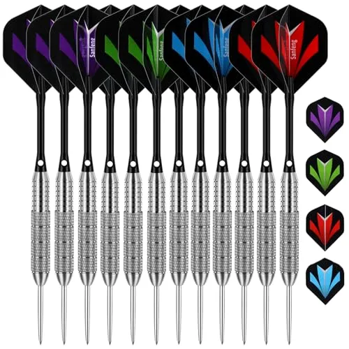sanfeng 12 Stück Dartpfeile mit Metallspitze, Steeldarts 24 Gramm mit Schwarz Aluminum Schafts 20 Flights in 4 Designs für Dartscheibe