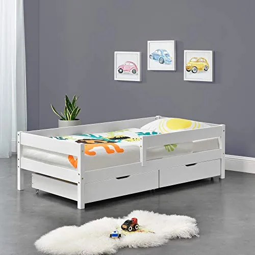 [en.casa] Kinderbett Borgarnes mit Rausfallschutz und Schubladen 90x200 cm - Kleinkindbett aus stabilem Kiefernholz mit Rausfallschutz und 2 praktischen Schubladen für zusätzlichen Stauraum – ideal für ein sicheres und aufgeräumtes Kinderzimmer.