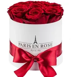 Rosenbox Ø 14,5 cm Weiß mit Schleife und 9 Bordeaux Rosen