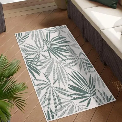 carpet city Outdoor Teppich Wetterfest 80x150 cm - Creme-Grün - Wendeteppich für den Außenbereich, wetterfest und beidseitig nutzbar – ideal für Terrasse, Balkon und Garten.