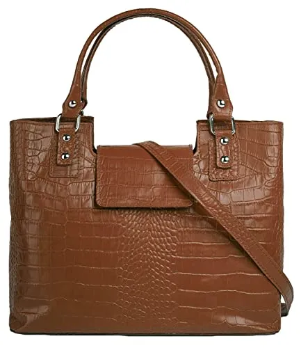 Henkeltasche CLUTY, Damen, Leder in Cognac mit Reptilienprägung - Elegante Handtasche aus 100% Rindleder im Kroko-Look, Made in Italy. Ideal für A4-Formate und mit abnehmbarem Schultergurt für vielseitiges Tragen.