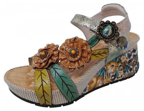 LAURA VITA Damen Sandalette Beige/Bunt 37 EU - Bequeme Sandale für Damen in Größe 37, aus hochwertigem Leder, ideal für den Alltag. Offene Schuhspitze und Klettverschluss sorgen für einfachen Einstieg und perfekten Sitz.