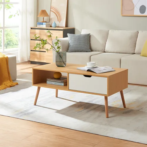 [en.casa] Couchtisch Bordkak mit Schublade – Eleganter Wohnzimmertisch in Eicheoptik/Weiß