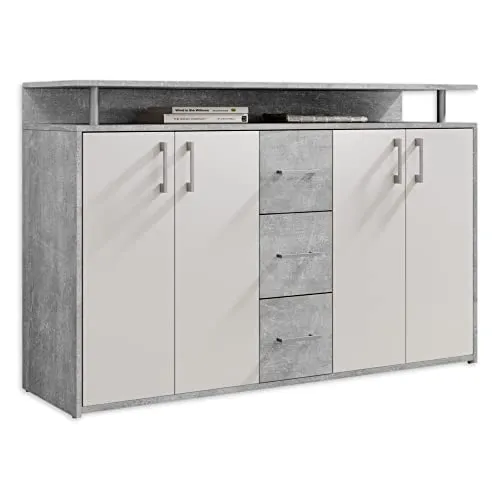 Carryhome Sideboard Grau-Weiß, 139x90x34 cm - Stilvolles Sideboard in Betonoptik mit viel Stauraum: 2 Fächer, 3 Schubladen und ein offenes Fach für eine ordentliche Ablage im Wohnzimmer oder Flur.