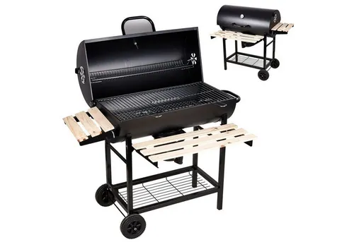 SunJas Holzkohlegrill XL CA-30 mit Holzregal und Thermometer - Mobiler Holzkohlegrill mit großer Grillfläche (70 x 38,5 cm) und praktischem Thermometer. Ideal für Grillpartys und Camping, einfach zu reinigen dank abnehmbarem Aschekasten.