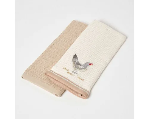 Homescapes Geschirrtuch 2er-Set Geschirrtücher Waffelpiqué mit Huhn-Motiv, 100% Baumwolle