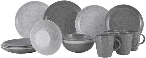 GIMEX Melamin-Set CLASSIC LINE GRANITE - 16-teiliges Geschirrset der Classic Line Serie mit Antirutsch-Silikonfüßchen für sicheren Halt, geräuscharmen Einsatz und cleverem Spülwasserablauf – ideal für Wohnwagen und Servierwägen.
