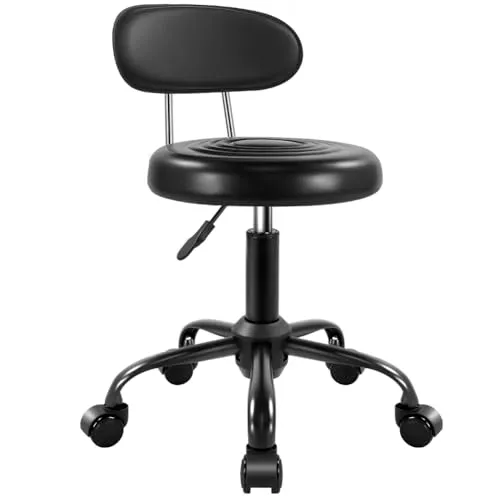 WKWKER Rollhocker mit Rädern Drehhocker mit höhenverstellbarer Rückenlehne PU-Leder-Rollhocker, ideal für SPA-Salon, Home-Office-Zeichenarbeiten (Schwarz)