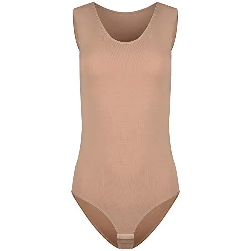 Evoni Damenbody l Damen Overall Bodysuit mit Rundhals l breite Träger l Verschluß-Haken l Unterzieh-Body mit optimaler Passform l sportlicher Damen-Body XL Hellbraun