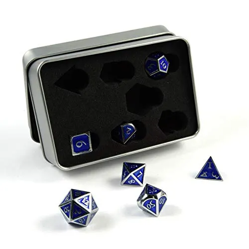 Shibby 7 Polyedrische Metall-Würfel Set - Polyhedrische & Rollenspiel-Würfel – Hochwertige, langlebige Würfel in Steampunk Silber/Blau-Optik, ideal für D&D und andere RPGs, inklusive stilvoller Aufbewahrungsbox.