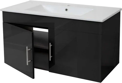 HW Badmöbel Unterschrank HWC-D16 - Eleganter Waschtisch in Schwarz - Badmöbelset mit modernem Unterschrank und integriertem Waschbecken, ideal für stilvolle Badezimmergestaltung.