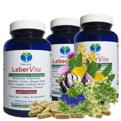 Leber Vital Komplex 360 (3x120) Kapseln 12 KRÄUTER & BITTERSTOFFE Leberkapseln mit Mariendistel Artischocke Löwenzahn Enzian Klette Wermut Spargel uvm. 100% NATUR pur. OHNE Zusatzstoffe. 26471-3