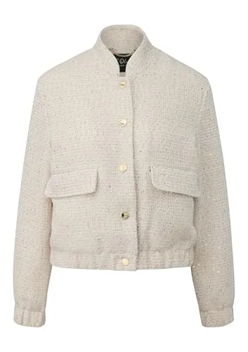 Bouclé-Blouson Beige 42 von s.Oliver BLACK LABEL - Eleganter Bouclé-Blouson mit schimmernden Pailletten, der Stil und Komfort vereint. Perfekt für entspannte Tage oder besondere Anlässe, bietet er eine lässige Passform und ist aus pflegeleichtem Polyester gefertigt.