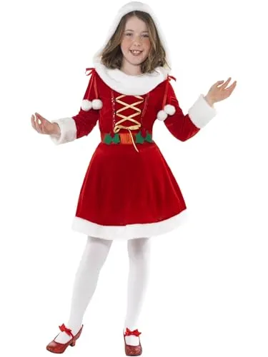 Smiffys Kostüm Kleine Weihnachtsfrau, Rot, mit Kleid - Festliches Miss Santa Kostüm für Mädchen, ideal für Weihnachten und Themenpartys, leichtes Material für hohen Tragekomfort, einfaches An- und Ausziehen, Größe M für 7-9 Jahre.