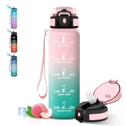 Grsta Wasserflasche 1l mit Strohhalm, Trinkflasche mit Zeitmarkierung und Schnürung, Auslaufsichere Trinkflasche Sport, Flasche mit Sichere Verriegelung für Arbeit, Fitness, Fahrrad