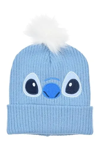 Disney Stitch Wintermütze für Kinder, Hellblau mit Bommel, 52-54 cm, Cartoon Lilo& Stitch, Augen Design, niedlich, Original Lizenz (DE/NL/SE/PL, Numerisch, 54, Hellblau)