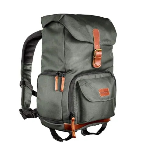 Mantona Luis junior Retro Fotorucksack - Grüner Kamerarucksack mit Laptopfach - Kamerarucksack mit Regenschutzhülle, ideal für 1 DSLR-Kamera und Zubehör, bietet individuelle Innenaufteilung und hohen Tragekomfort für Stadt und Natur.