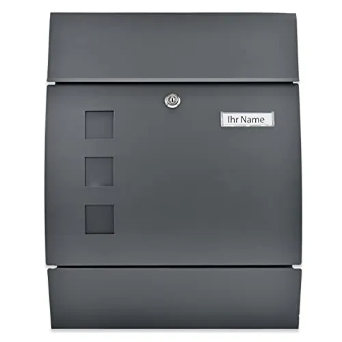 Verda Briefkasten XL mit Zeitungsfach (45x35x10 cm) Modern Postkasten Designer Wandbriefkasten Sichtfenster, Anthrazit, Zeitungsrolle, Namensschildhalter, abschließbar SN3651-1