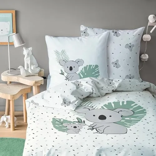 MTOnlinehandel Koala Bettwäsche 135x200 Flanell - Bettwaren-Set für Kinder aus 100% Baumwolle, kuschelweich und ideal für eine warme Winternacht. Mit fröhlichem Safari-Design für Mädchen und Jungen.