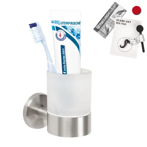 bremermann Bad-Serie Piazza - Eleganter Glasbecherhalter - Praktischer Zahnbürstenhalter aus satiniertem Glas und mattem Edelstahl, inklusive Klebeset für einfache Wandmontage. Ideal für ein stilvolles Badezimmer.