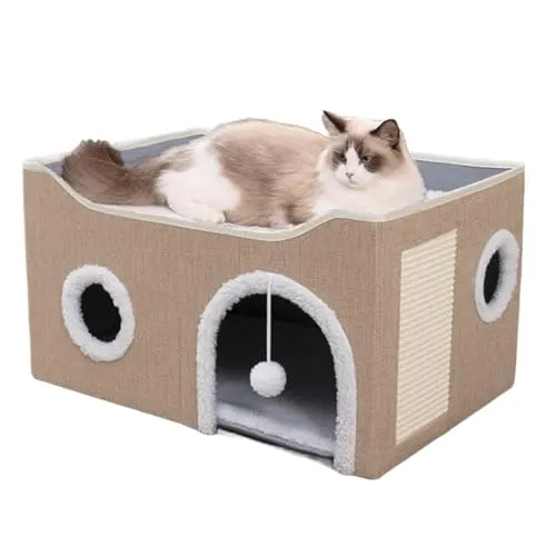 ERNAN Katzenhöhle,Katzenbetten,Katzenhaus, Faltbare Katzenbetthöhle mit Kratzbrett und Spielball, Faltbare Katzenbetthöhle zum Schlafen, Verstecken, Spielen & Kratzen (Kaki, Medium)