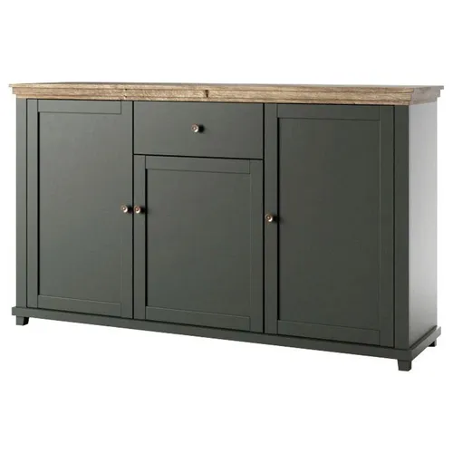 Kommode Sideboard Anrichte 160cm in Grün und Eiche Lefkas - Stilvolles Landhaus-Design mit 3 Türen und 1 Schublade, ideal für jedes Wohnzimmer. Robuste Bauweise aus MDF/Spanplatte und einfach zu montieren.