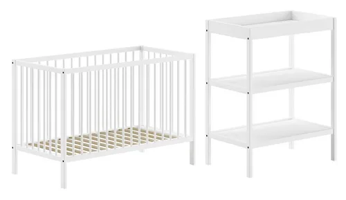 aufm Kessel Babymöbel-Set Kara-lynn 2 - Komplettset für das Babyzimmer aus massivem Buchenholz in Weiß, inkl. höhenverstellbarem Babybett und praktischem Wickelregal. Stabil und einfach aufzubauen, ideal für die ersten Lebensjahre.