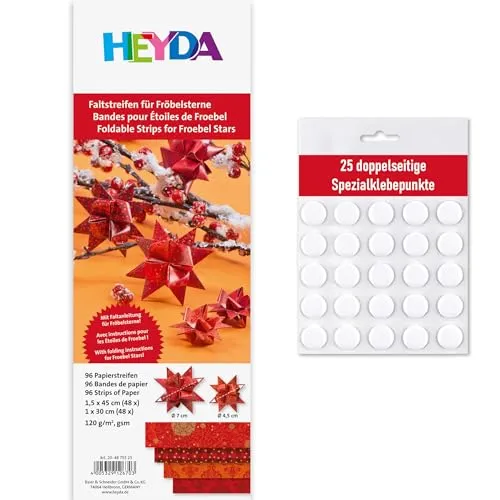 Heyda Faltstreifen für Fröbelsterne – 96 Streifen, – beidseitig bedruckt – Bastelpapier Set für 24 Sterne – mit Anleitung – DIY, Basteln - inklusive 25 Klebepunkte (dunkelrot 1x30cm +1,5x45cm)