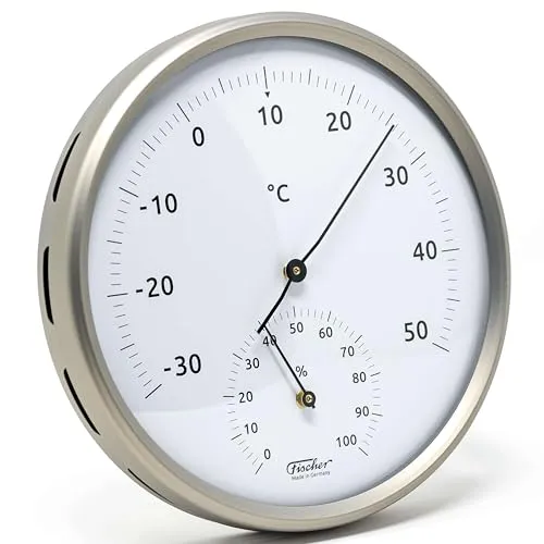 Fischer 186TH-01 Thermo-Hygrometer 160mm Bimetall-Thermometer und Hygrometer aus Edelstahl silber - Made in Germany