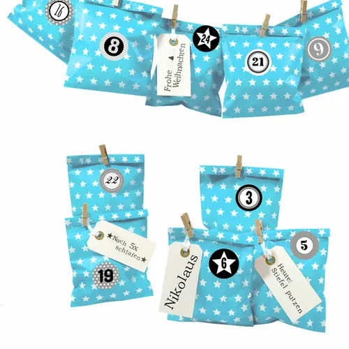 DIY Adventskalender Bescherung blau Stern Papiertueten flach Ziffern grau