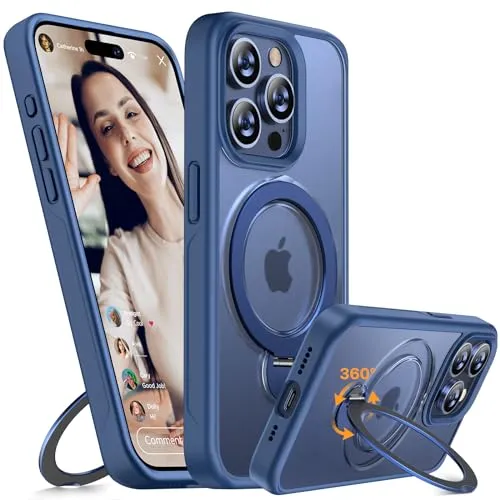 Miracase Hülle für iPhone 15 Pro Max Case 360° Ständer Handyhülle Keine Fingerabdrücke Handyhülle für MagSafe 15 Pro Max 6,7 Zoll Matt Stoßfest Schutzhülle (Blau)