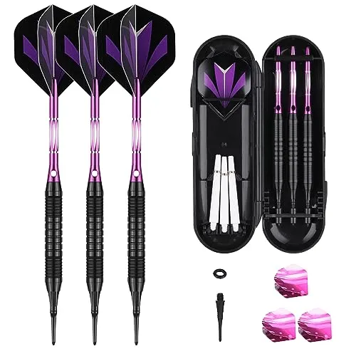 Dartpfeile mit Kunststoffspitze 18 gramm Etui für elektronische dartscheibe Softdarts mit Lila Alu-Schäfte 6 Flights 50 Anti-Lose Gummiringe 50 Spitzen