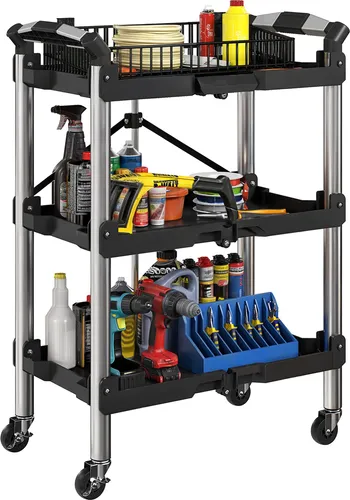 HOMCOM Werkstatt-Rollwagen mit 3 Etagen, Klappbar Werkzeugwagen mit Griff, Montagewagen Werkstattwagen für Lagerhaus, Garage, bis 68 kg Belastbar, Schwarz