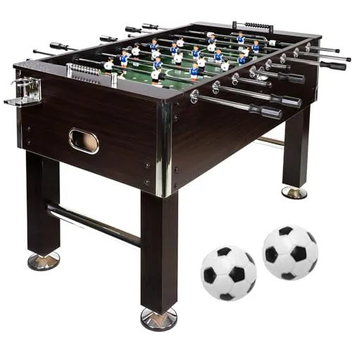 GAMES PLANET Kickertisch Leeds - Dunkelbraun, Tischfußballtisch mit 4 Bällen und 2 Getränkehaltern - Tischfußballtisch mit erhöhten Ecken für verbesserten Spielfluss und höhenverstellbaren Füßen für maximalen Komfort. Ideal für leidenschaftliche Spieler und Familien!
