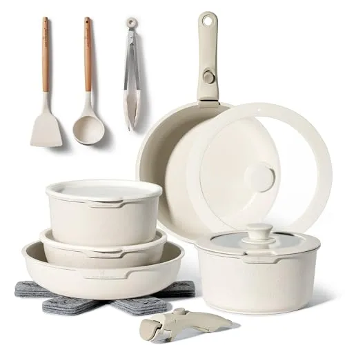 Just Perfecto 18-teiliges Kochgeschirr-Set mit Antihaftbeschichtung, mit abnehmbarem Griff, für alle Herdarten geeignet, auch Induktion, Antihaftbeschichtung ohne PFOA (Beige)