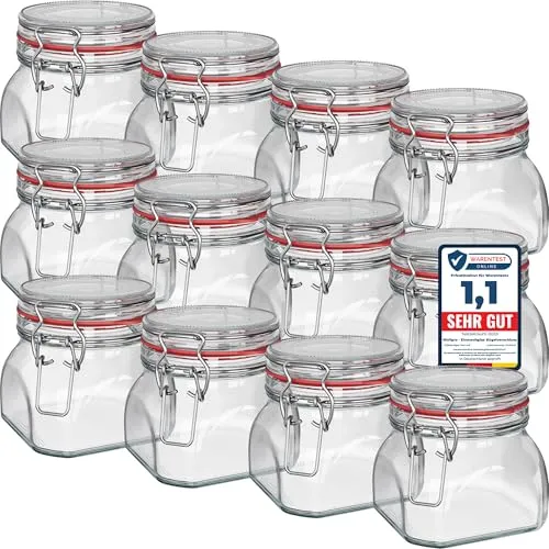 WELLGRO Einmachgläser mit Bügelverschluss eckig, Fermentierglas, Vorratsgläser mit Deckel, Bügelglas - Gläser mit Deckel Made in Germany (550ml x 12 Stück)