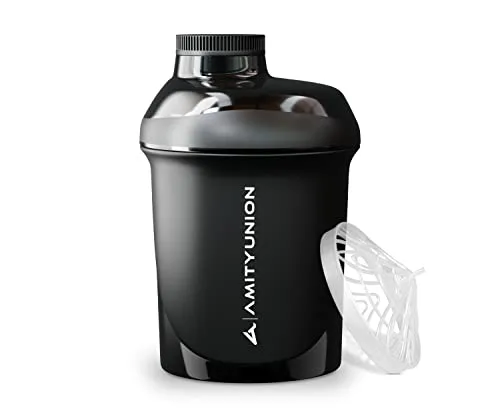Eiweiß Shaker 400 ml mit Sieb - ORIGINAL Fitness Mixer – Kleiner Protein Shaker auslaufsicher - BPA frei, Mit Skala für cremige Whey Proteinpulver Shakes, Protein BCAA Konzentrate in Schwarz Deluxe