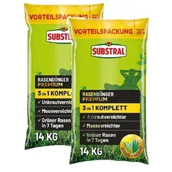 Substral Rasendünger Premium 3in1 komplett 2 x 14 kg - Der SUBSTRAL Rasendünger Premium 3in1 sorgt für einen dichten, grünen Rasen. Er vereint Dünger, Moos- und Unkrautvernichter in einem Produkt und ist ideal für Rasenflächen bis 100 m². Genießen Sie einen gepflegten Garten in kurzer Zeit.