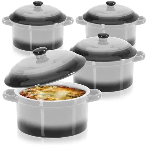 com-four® 4x Auflaufform mit Deckel aus Keramik - Dessertschale für Crème Brûlée - Mini-Schmortopf für Ragout fin und Würzfleisch - grau, ca. 250/175 ml je Form (4 Stück - grau)