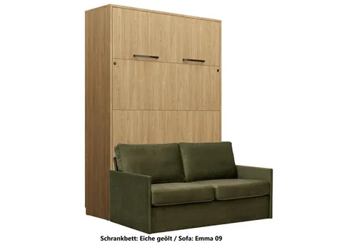 QMM Schrankbett Wandbett vertikal GN 140x200 Eiche geölt mit LED und Sofa - Hochwertiges vertikales Schrankbett 140x200cm aus geölter Eiche mit LED-Beleuchtung und Sofa in 5 Farben. Ideal für Räume mit wenig Platz – müheloses Auf- und Zuklappen dank Gasdruckfedern!