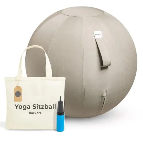 Backerz Sitzball Büro Ergonomisch 65 cm, Ergonomische Sitzmöbel für Büro und Heimbüro, Langlebiger Stoff, Gymnastikball - Fitness-Ball, Ballstuhl mit Ballauflage - Waschbarer Leinenbezug - Cremegrau