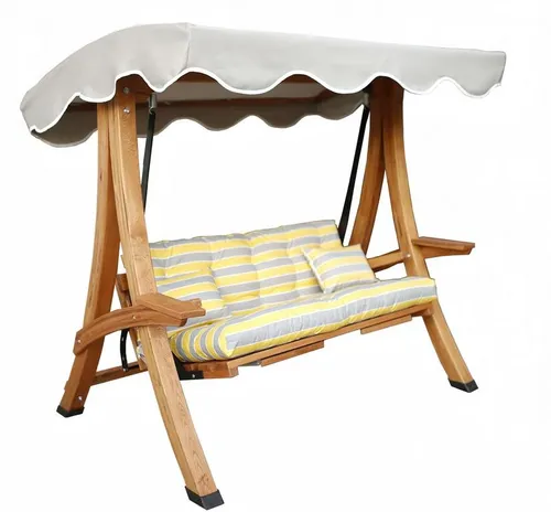 Robuste Outdoor-Schaukel aus Holz mit Sonnendach - Elegante Schaukelliege für bis zu 3 Personen, ideal für den Garten. Inklusive Dach und bequemen Sitzpolstern. Maße: 205 x 140 x 210 cm, modernes Design für entspannte Stunden im Freien.