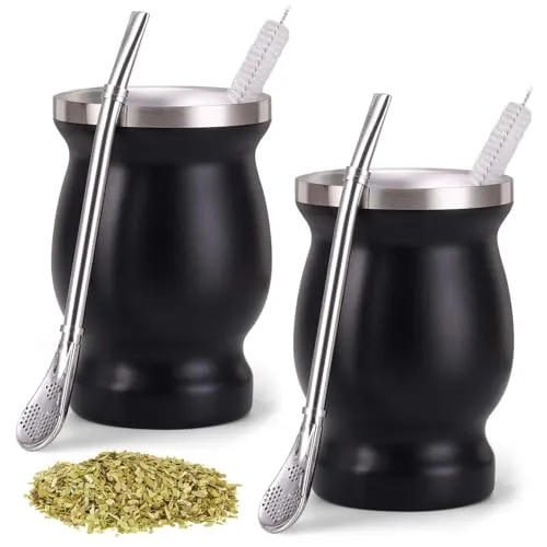 Stück Mate Becher: Doppelwandiger Edelstahl Matebecher, Yerba Mate Tee Set mit Strohhalmlöffel und Reinigungsbürste Wärmeisolierung für Mate Tee, Kaffee, Milch und Saft (schwarz) 2